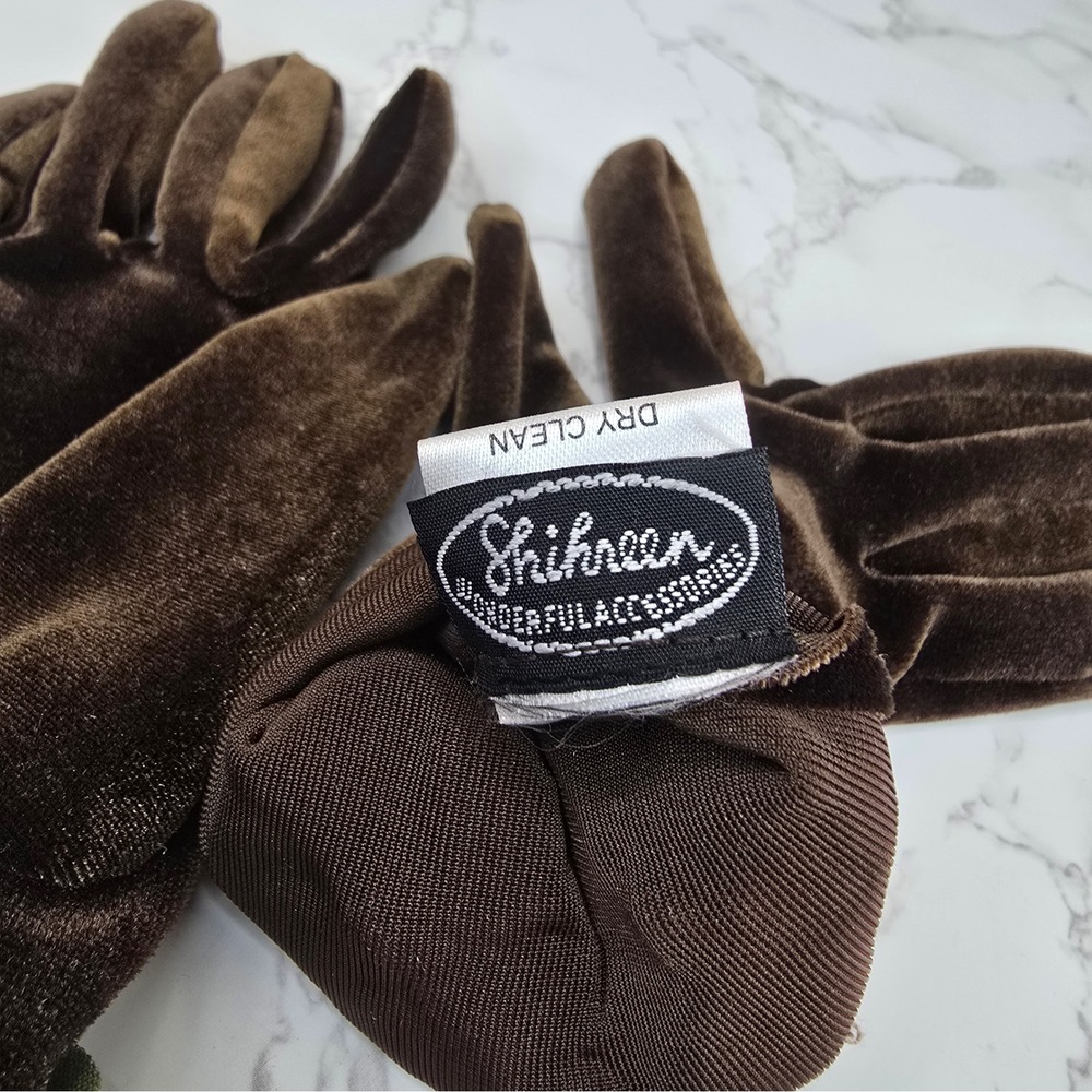 Vintage Style Brown Velvet Gloves Green Floral Applique Stretch Evening Shihreen - Picture 6 of 8